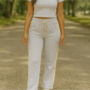 Wide Leg Sweatpants Side Stripes L Grey Red Tan Drawstring Elastic Waist Casual